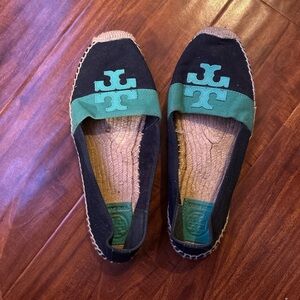 Tory Burch espadrille flats with green and blue accents